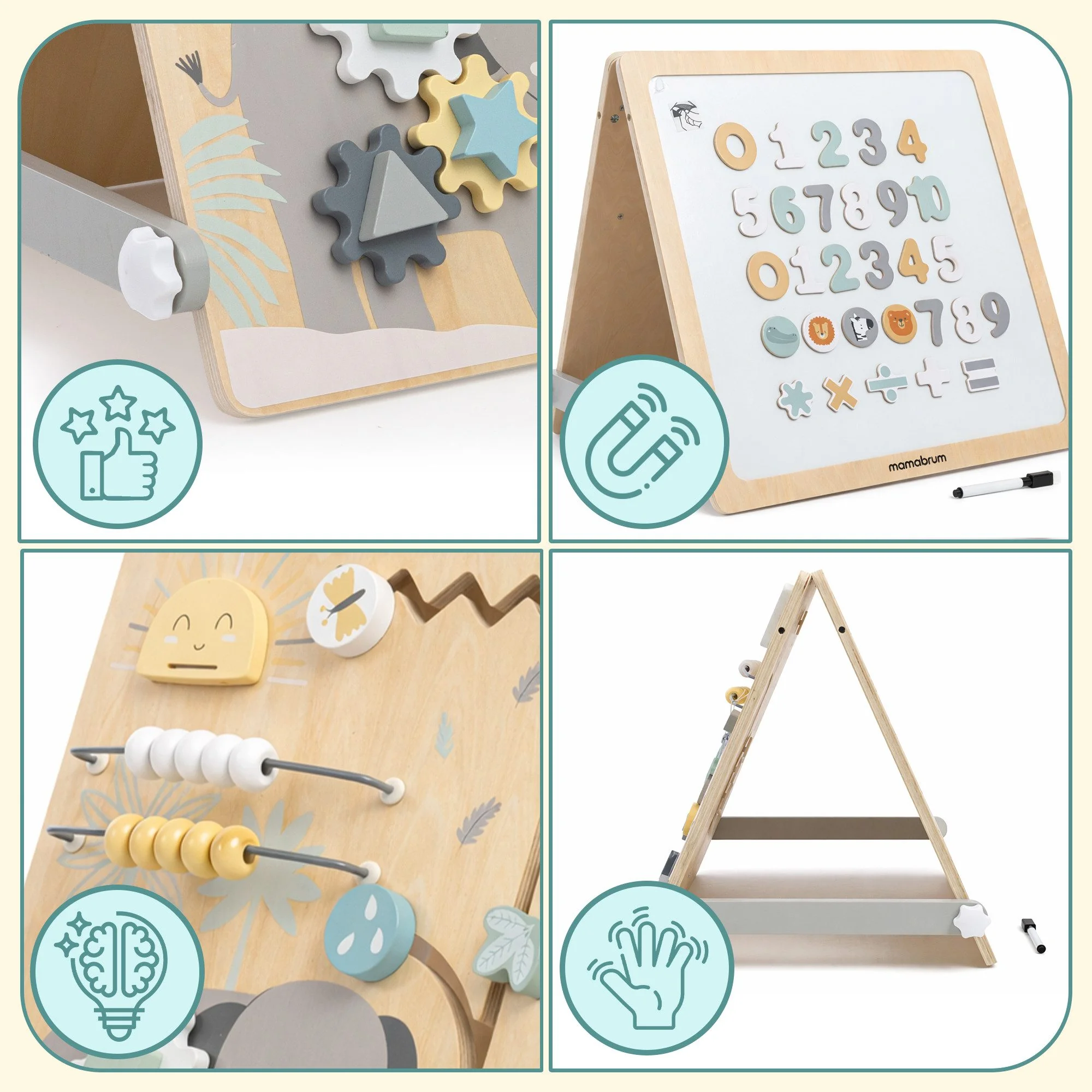MAMABRUM Kinderstaffelei 2in1 Lernboard Magnettafel Busy Board Holz