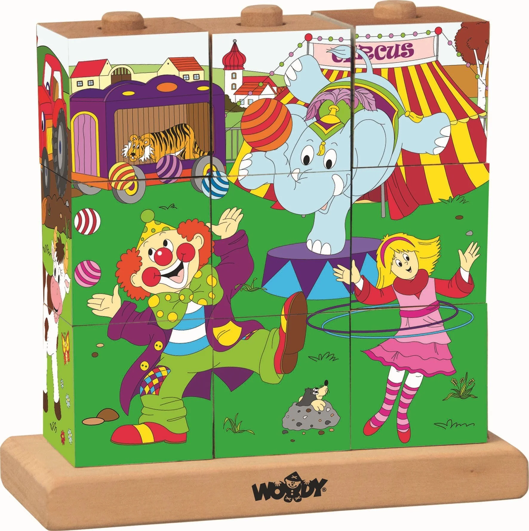 WOODYLAND Würfelpuzzle Holz 4 Motive Zirkus Puzzlewürfel Kinder