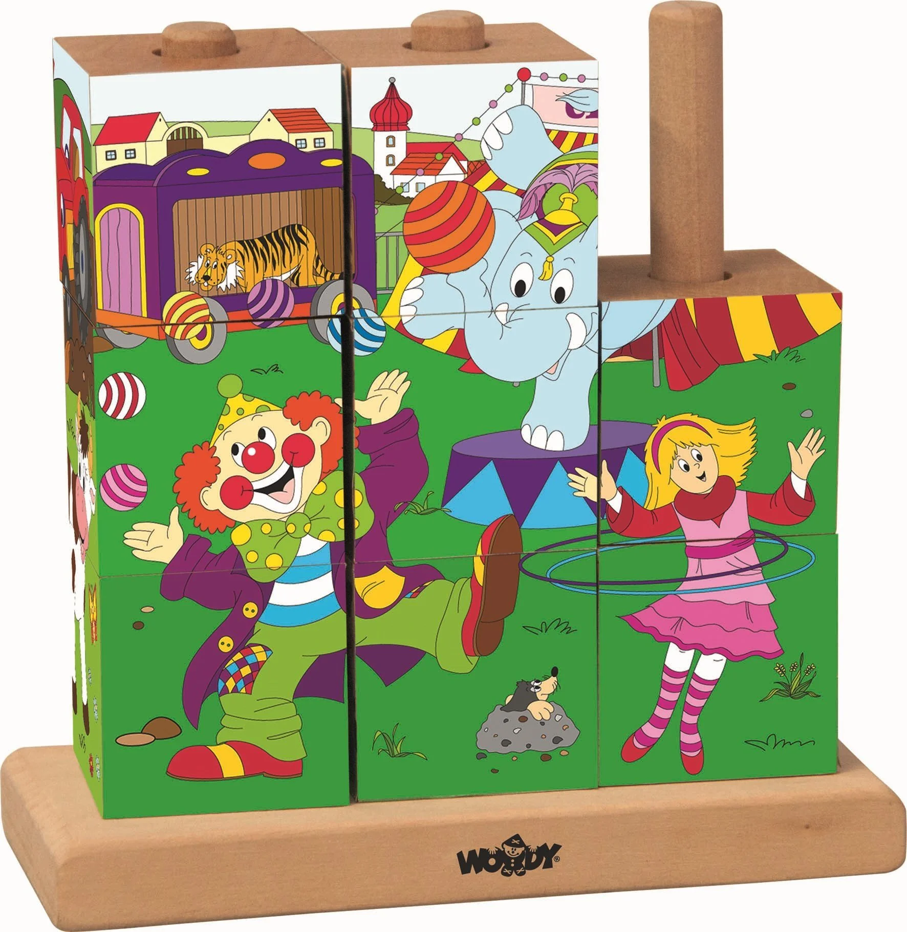 WOODYLAND Würfelpuzzle Holz 4 Motive Zirkus Puzzlewürfel Kinder