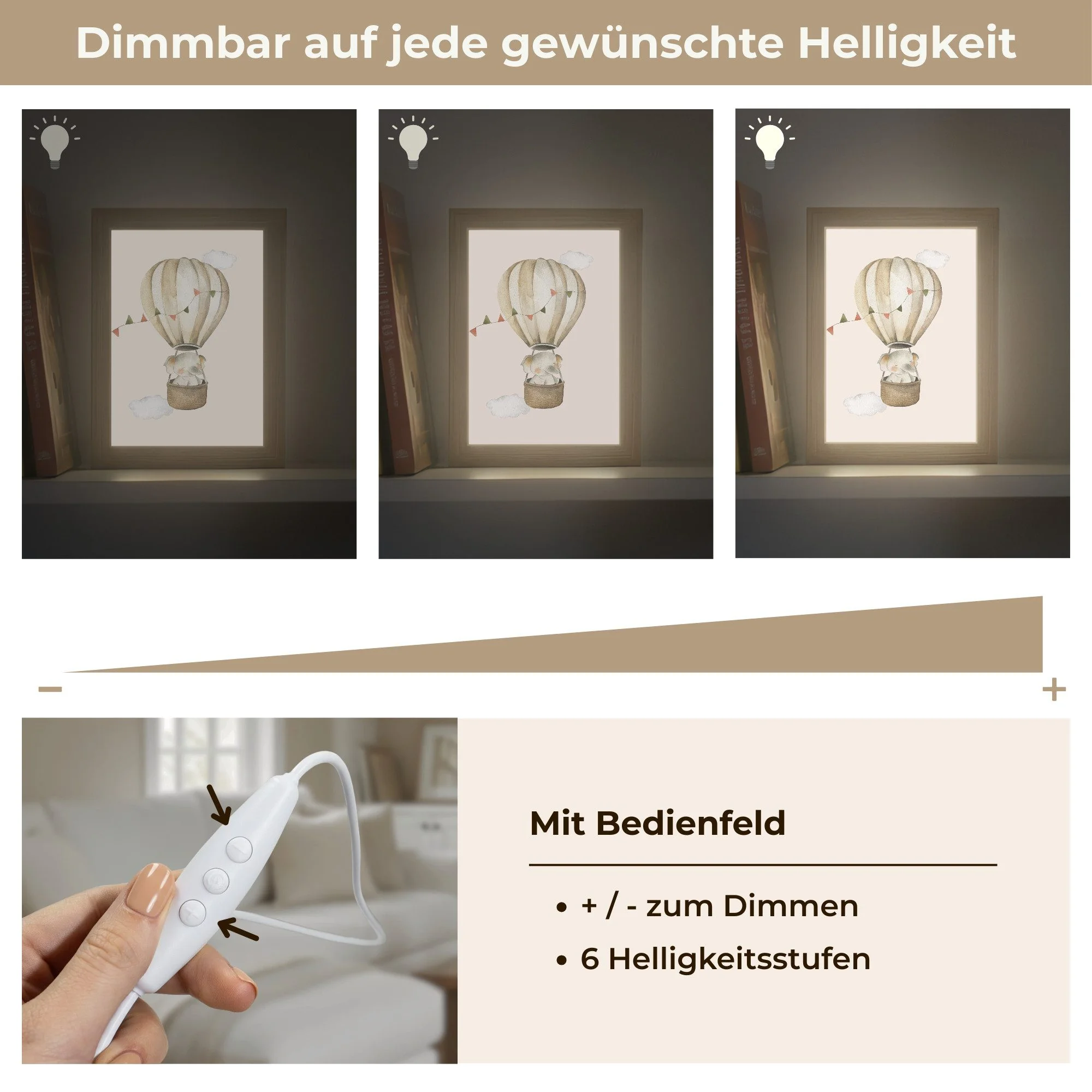 ONLYWOW Wandleuchte Lightbox Heißluftballon Elefant Kinderzimmer beige