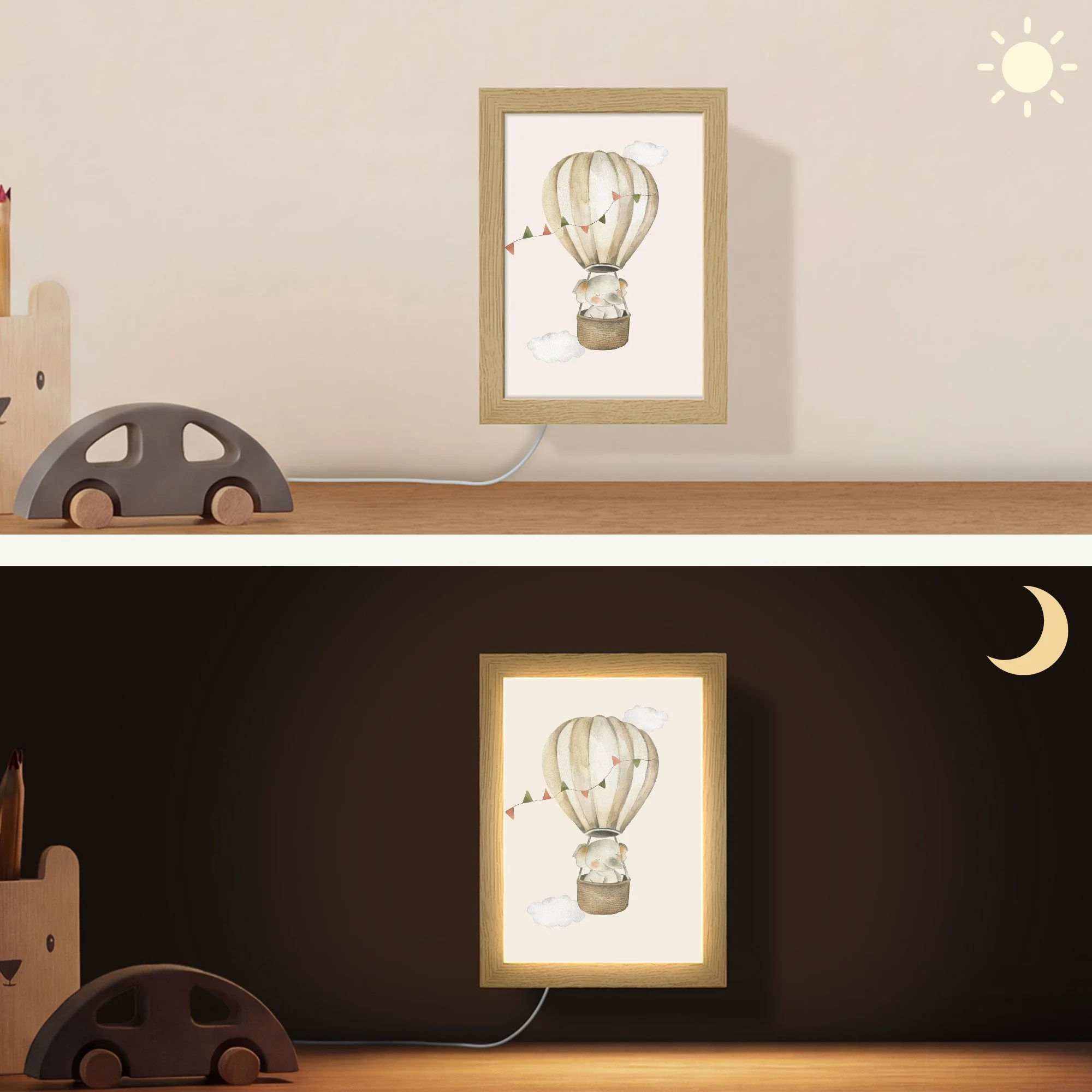 ONLYWOW Wandleuchte Lightbox Heißluftballon Elefant Kinderzimmer beige