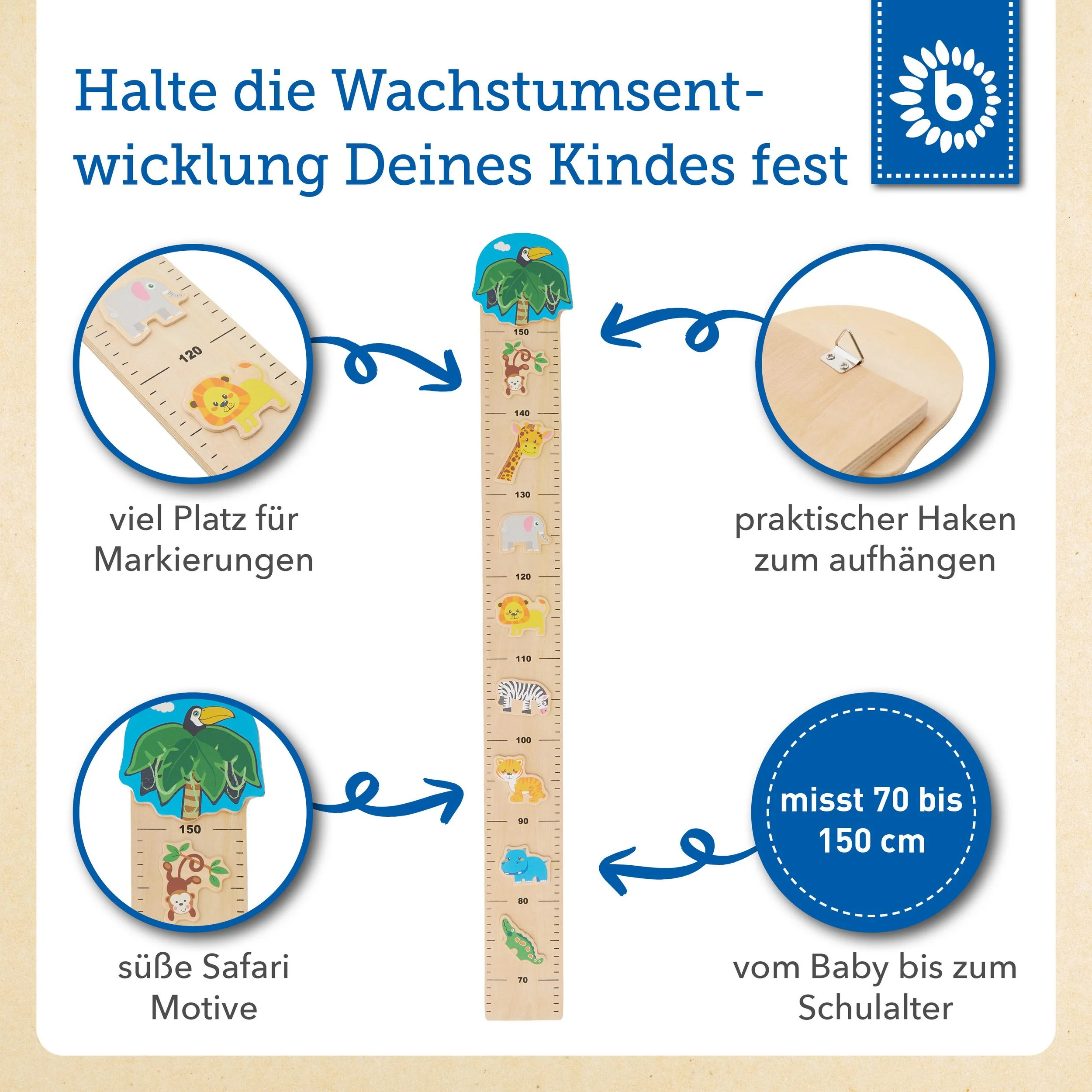 Bieco Kinder Messlatte aus Holz Zoo Wand Messleiste Größenmesser