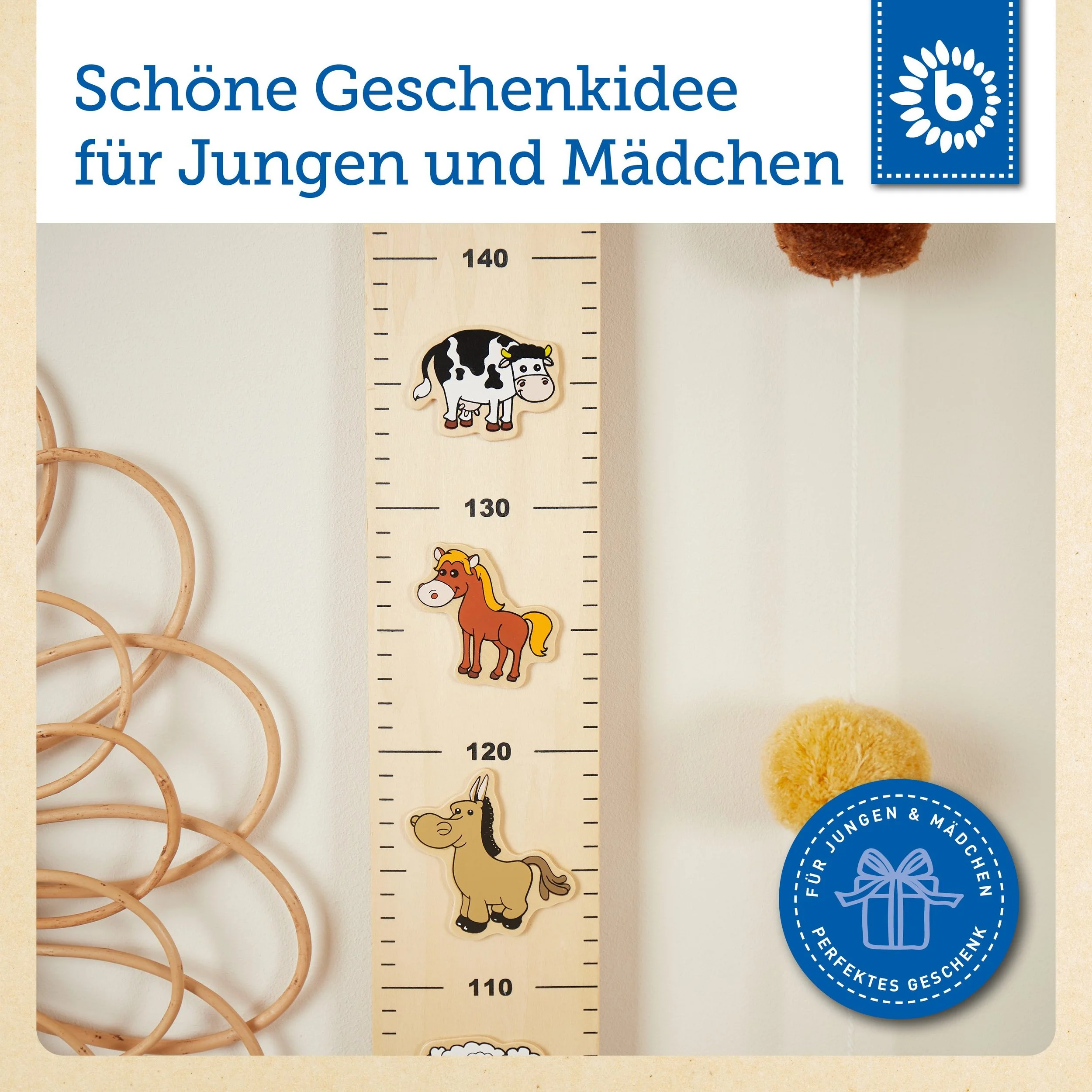 BIECO Messlatte aus Holz Bauernhof 65 bis 150 cm Kinder Wanddeko