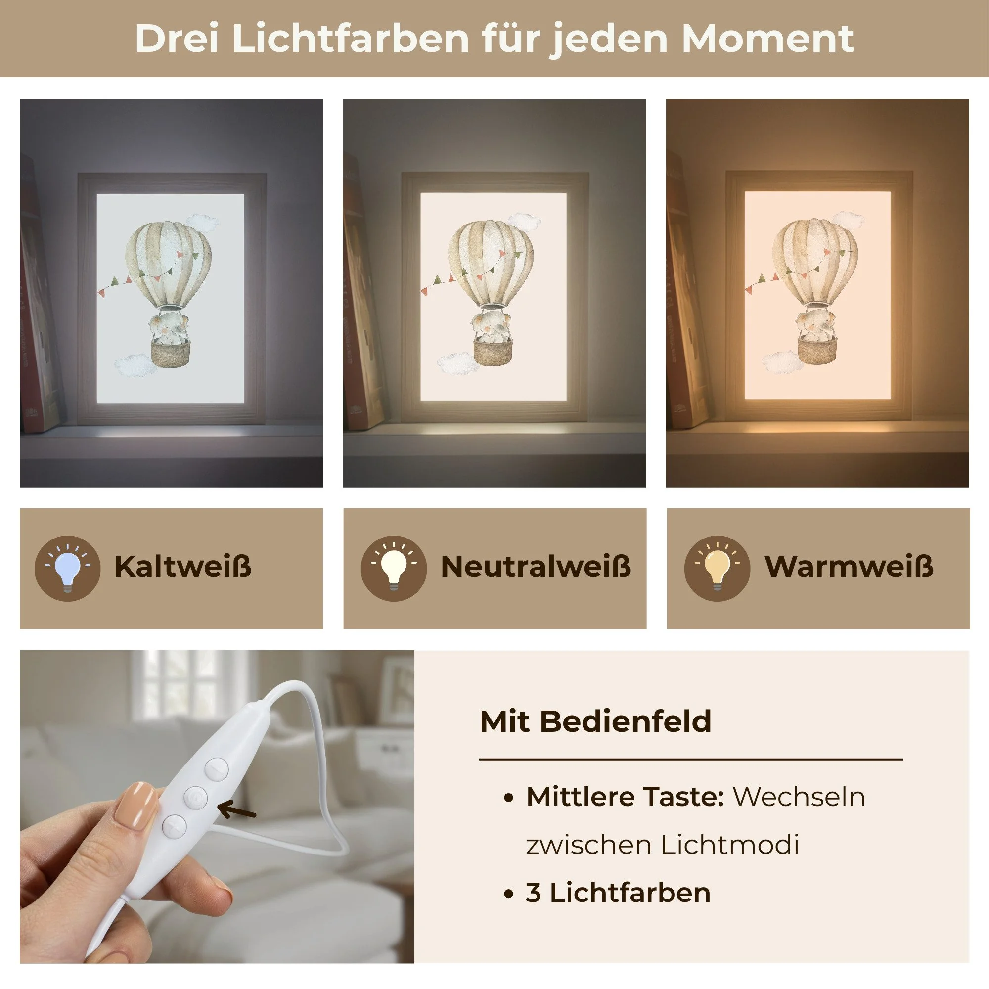 ONLYWOW Wandleuchte Lightbox Heißluftballon Elefant Kinderzimmer beige