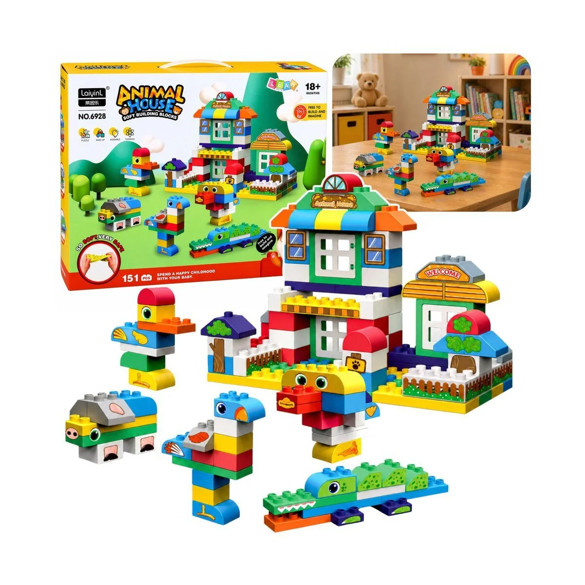 WISAM weiche sensorische Silikon Bausteine Tierhaus 151 Teile Set