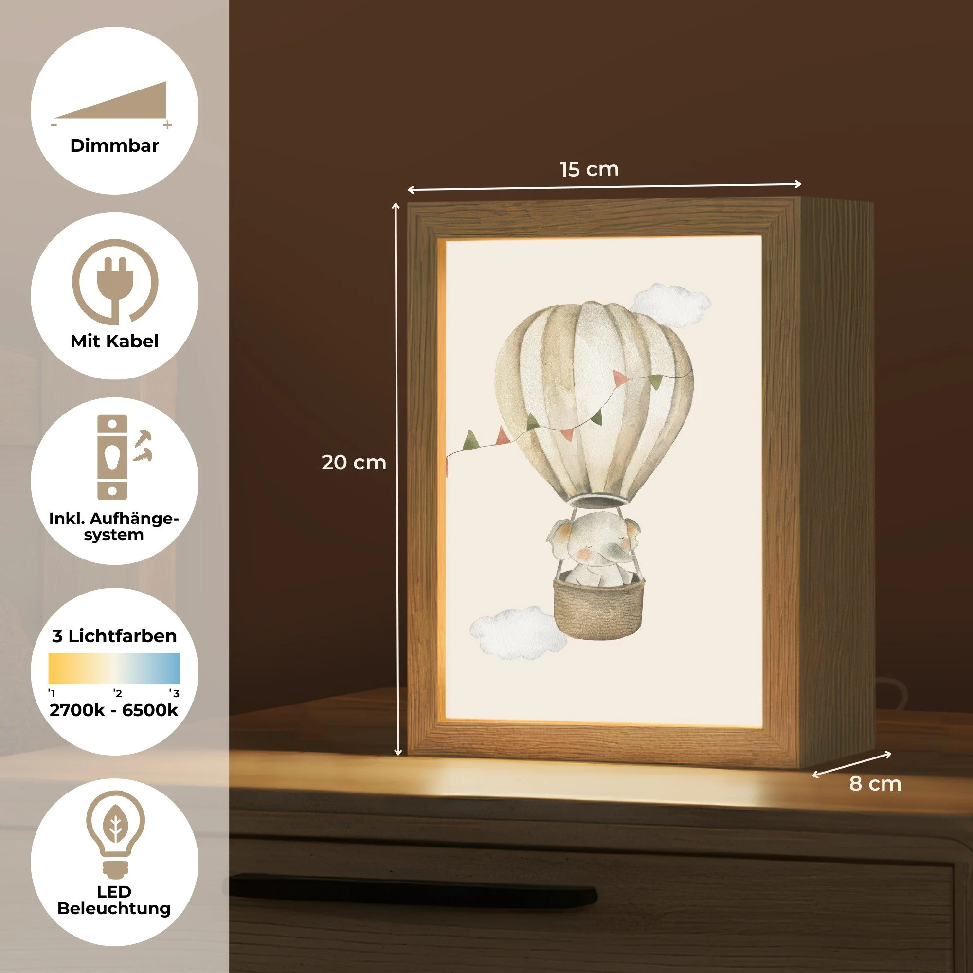 ONLYWOW Wandleuchte Lightbox Heißluftballon Elefant Kinderzimmer beige