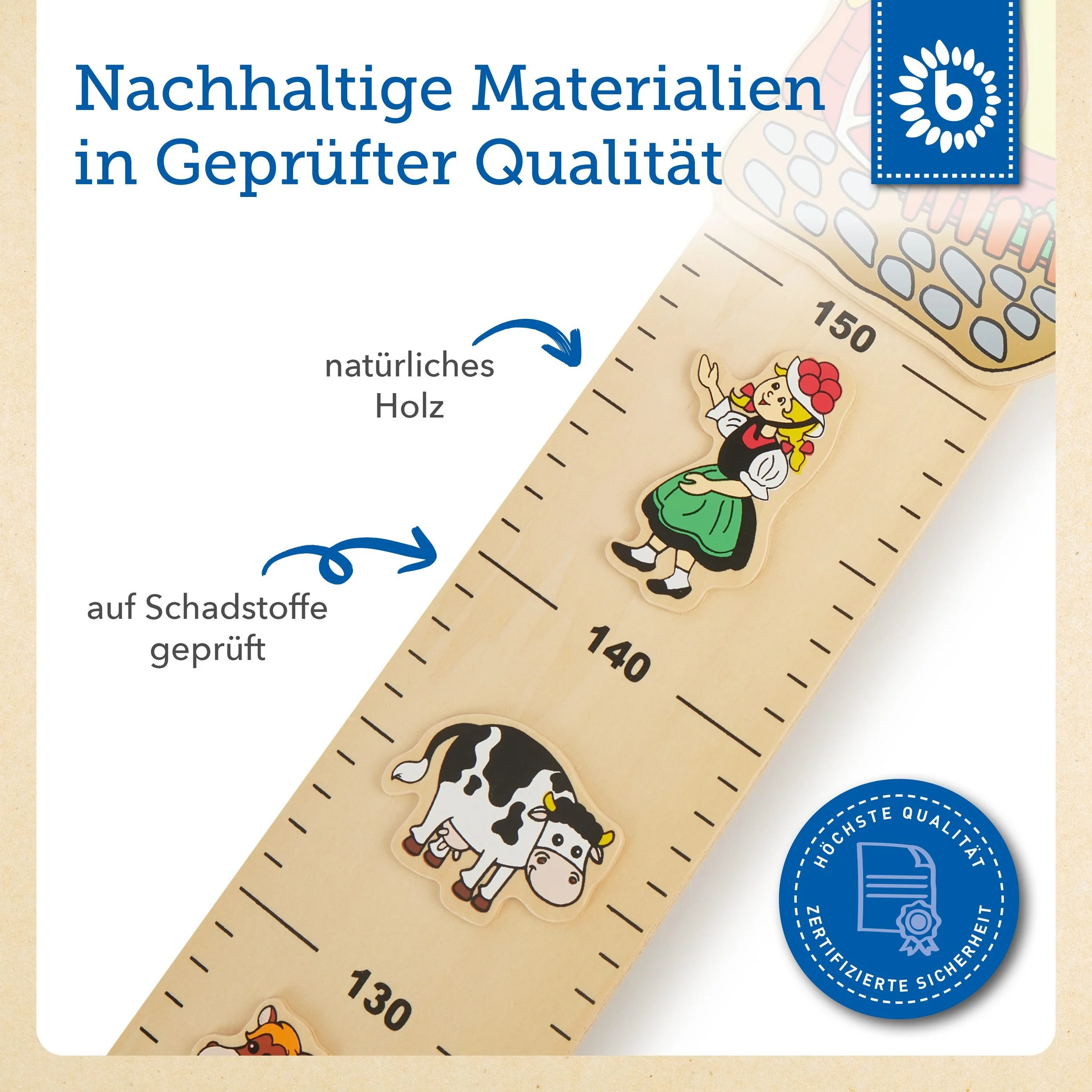 BIECO Messlatte aus Holz Bauernhof 65 bis 150 cm Kinder Wanddeko