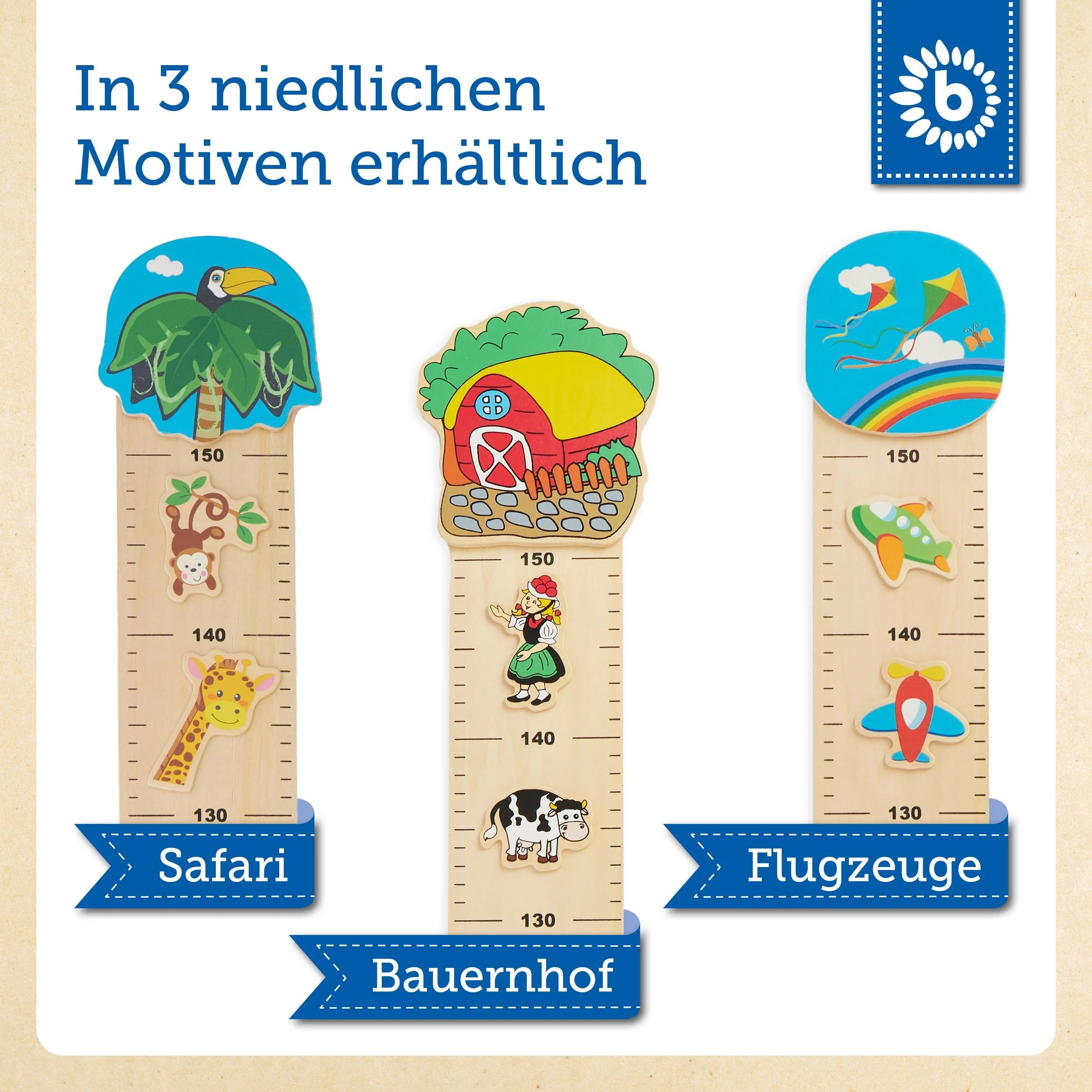 BIECO Messlatte aus Holz Bauernhof 65 bis 150 cm Kinder Wanddeko