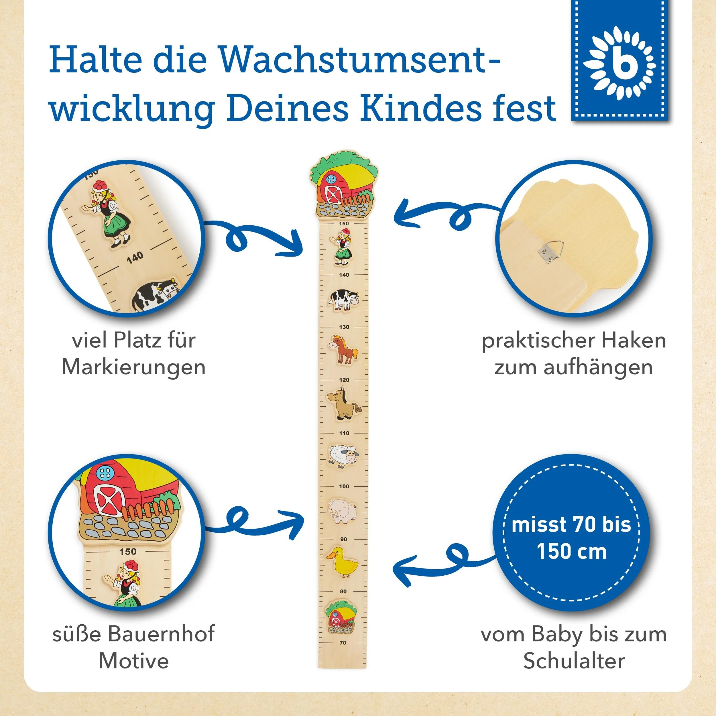BIECO Messlatte aus Holz Bauernhof 65 bis 150 cm Kinder Wanddeko