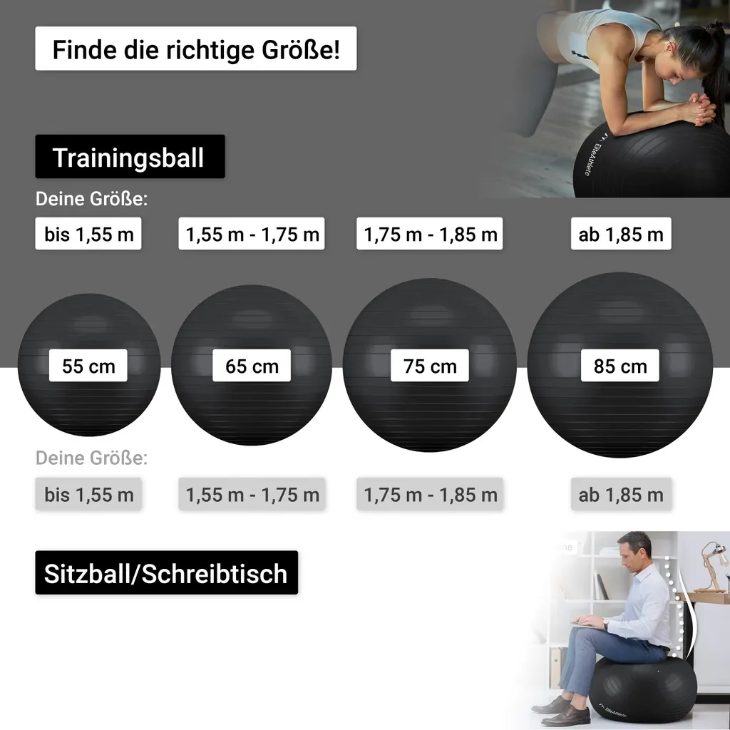 EliteAthlete Gymnastikball 75 cm Midnight Black mit Pumpe Anti-Burst