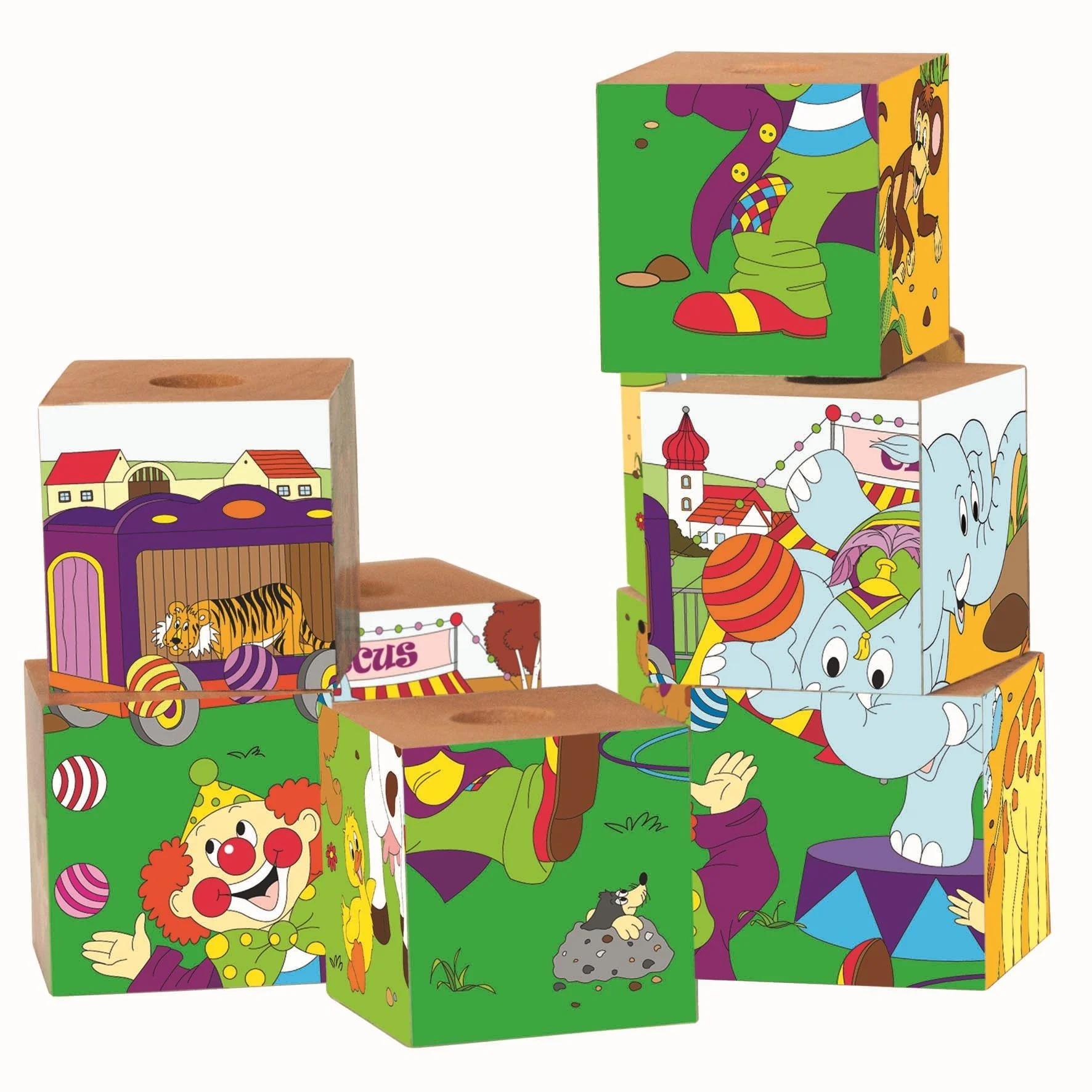 WOODYLAND Würfelpuzzle Holz 4 Motive Zirkus Puzzlewürfel Kinder