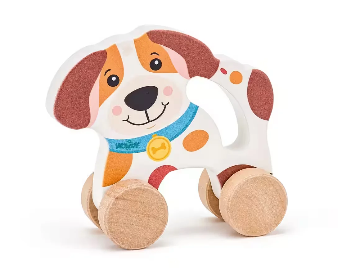 WOODYLAND Holz Ziehspielzeug Schiebetier Hund mit Griff und Rädern