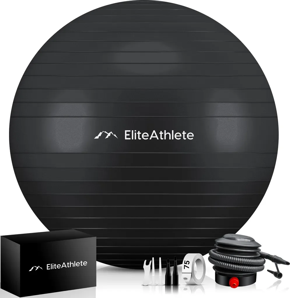 EliteAthlete Gymnastikball 75 cm Midnight Black mit Pumpe Anti-Burst