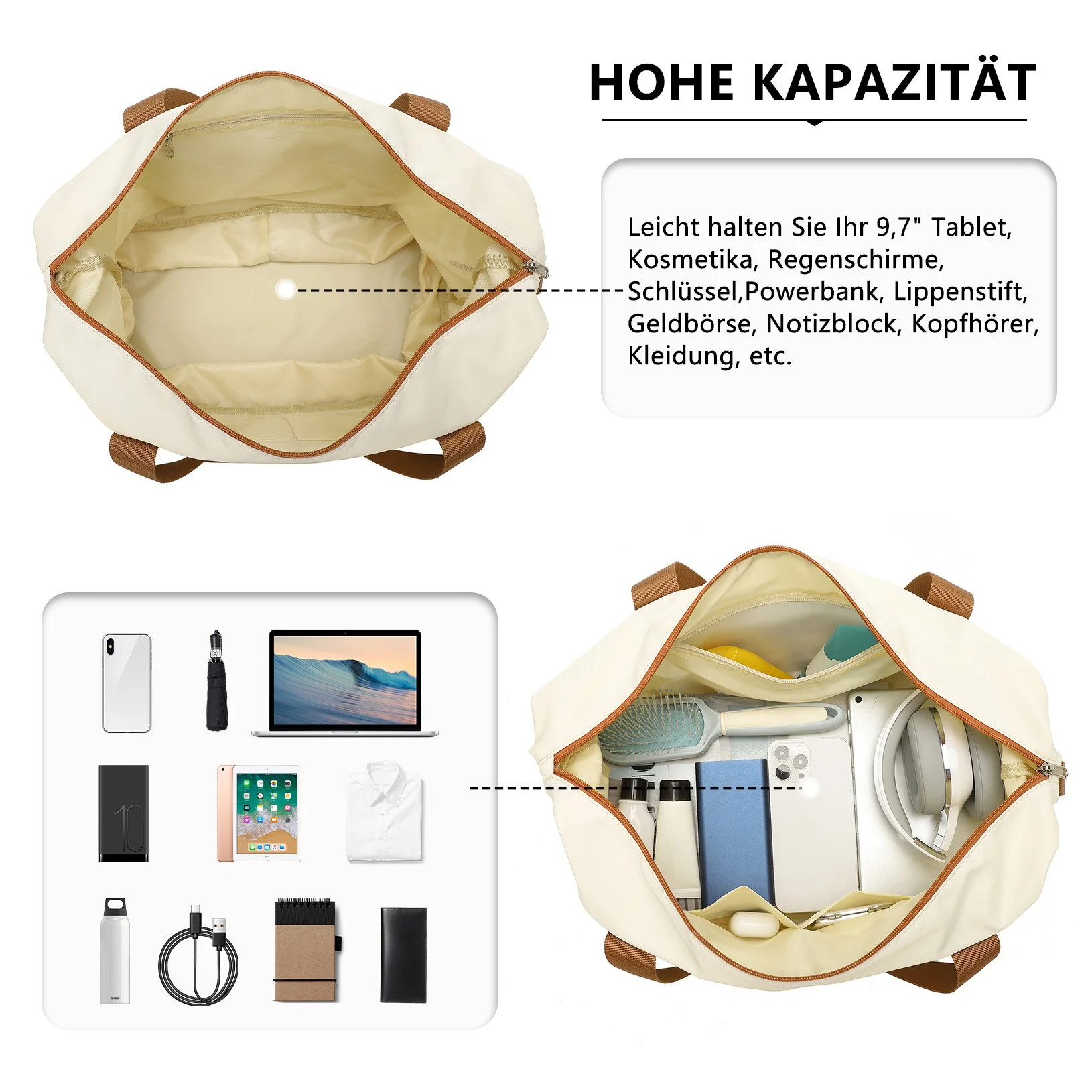 KONO 2-in-1 Reisetasche Handgepäck erweiterbar mit Kosmetiktasche