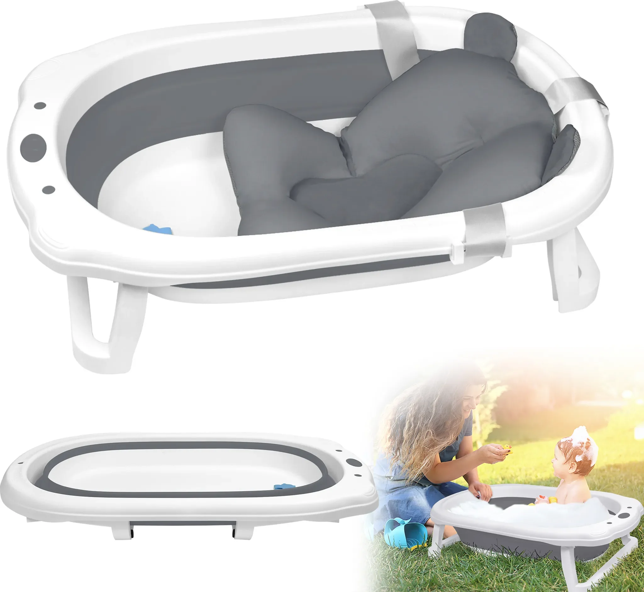 UISEBRT Faltbare Babybadewanne mit Abfluss Antirutsch Kissen Anthrazit