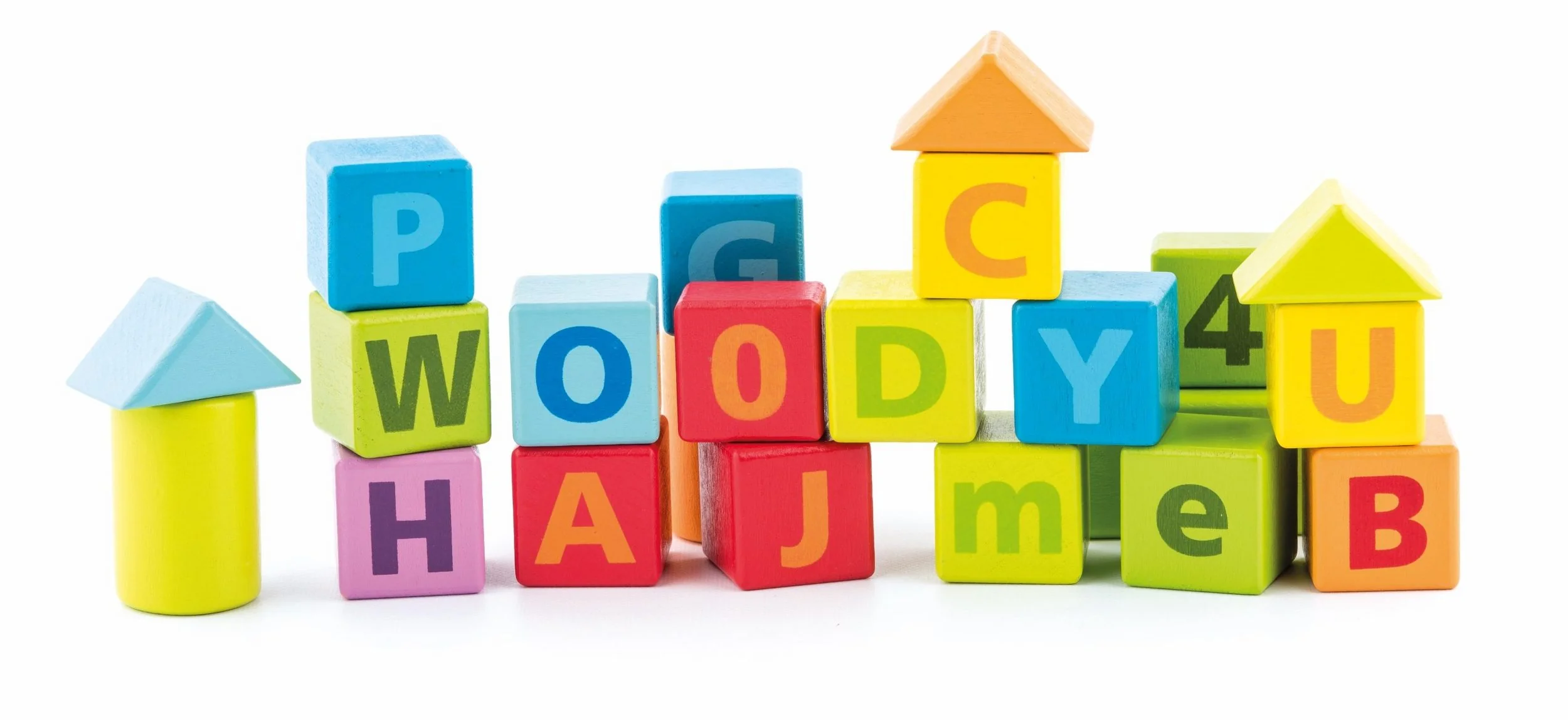 WOODYLAND 60 bunte Holzbausteine mit ABC Zahlen und Steckspiel