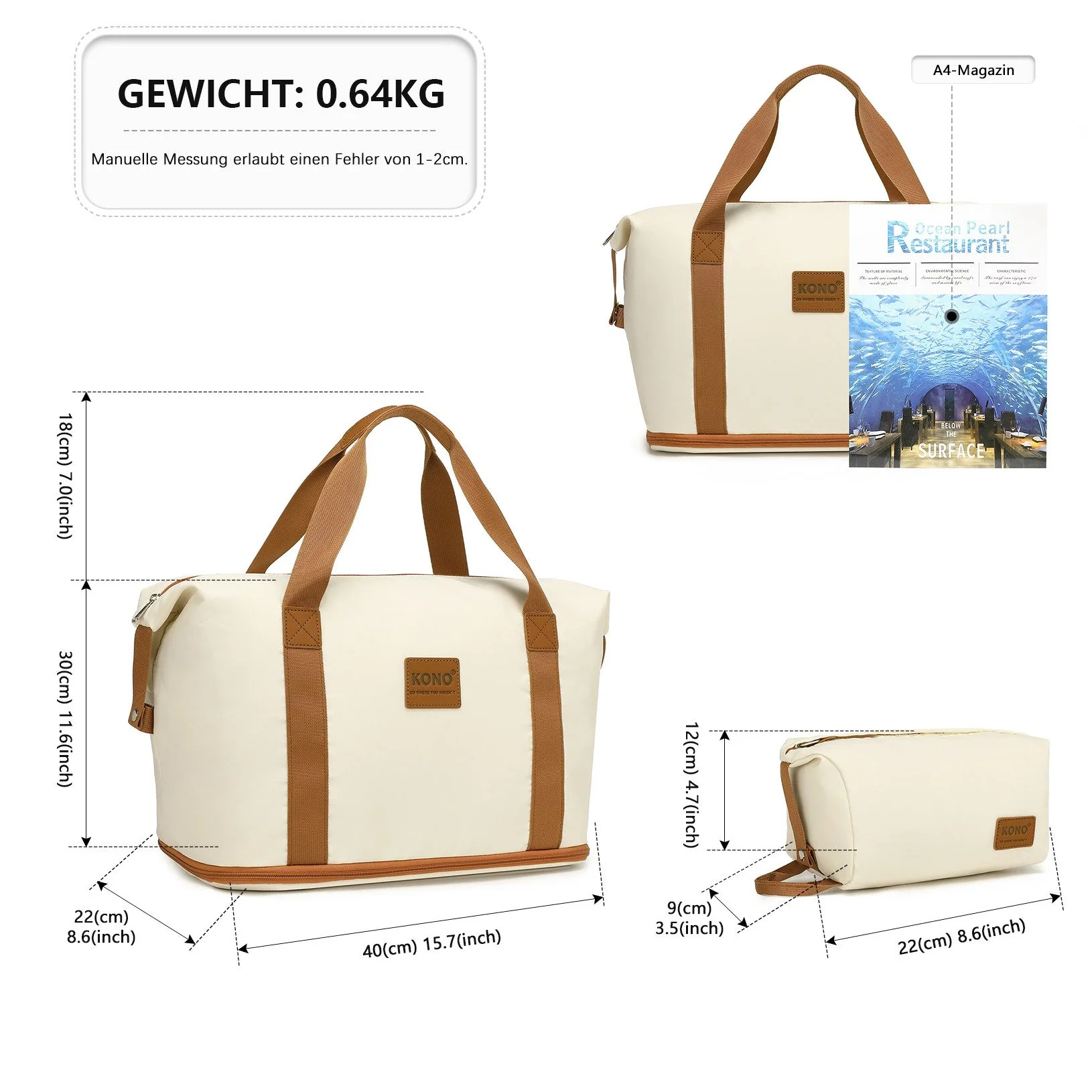 KONO 2-in-1 Reisetasche Handgepäck erweiterbar mit Kosmetiktasche