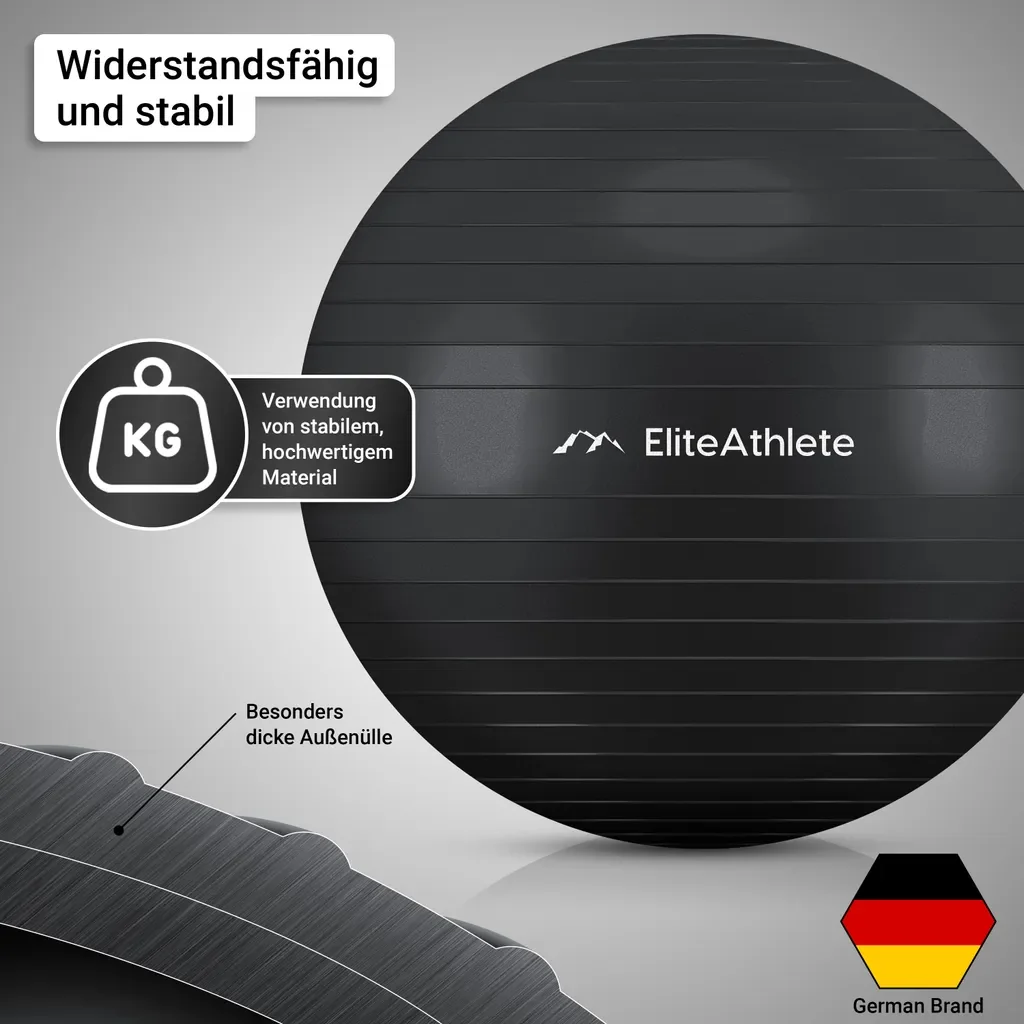 EliteAthlete Gymnastikball 75 cm Midnight Black mit Pumpe Anti-Burst