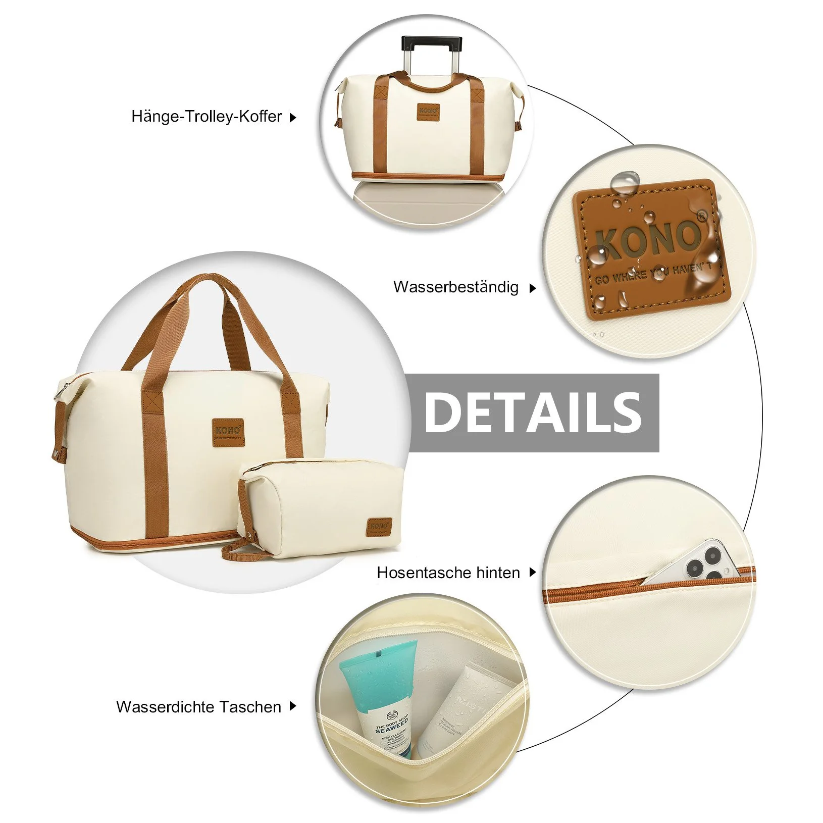 KONO 2-in-1 Reisetasche Handgepäck erweiterbar mit Kosmetiktasche