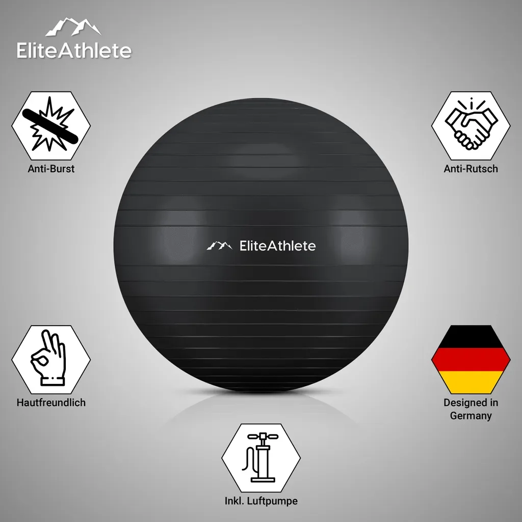 EliteAthlete Gymnastikball 75 cm Midnight Black mit Pumpe Anti-Burst