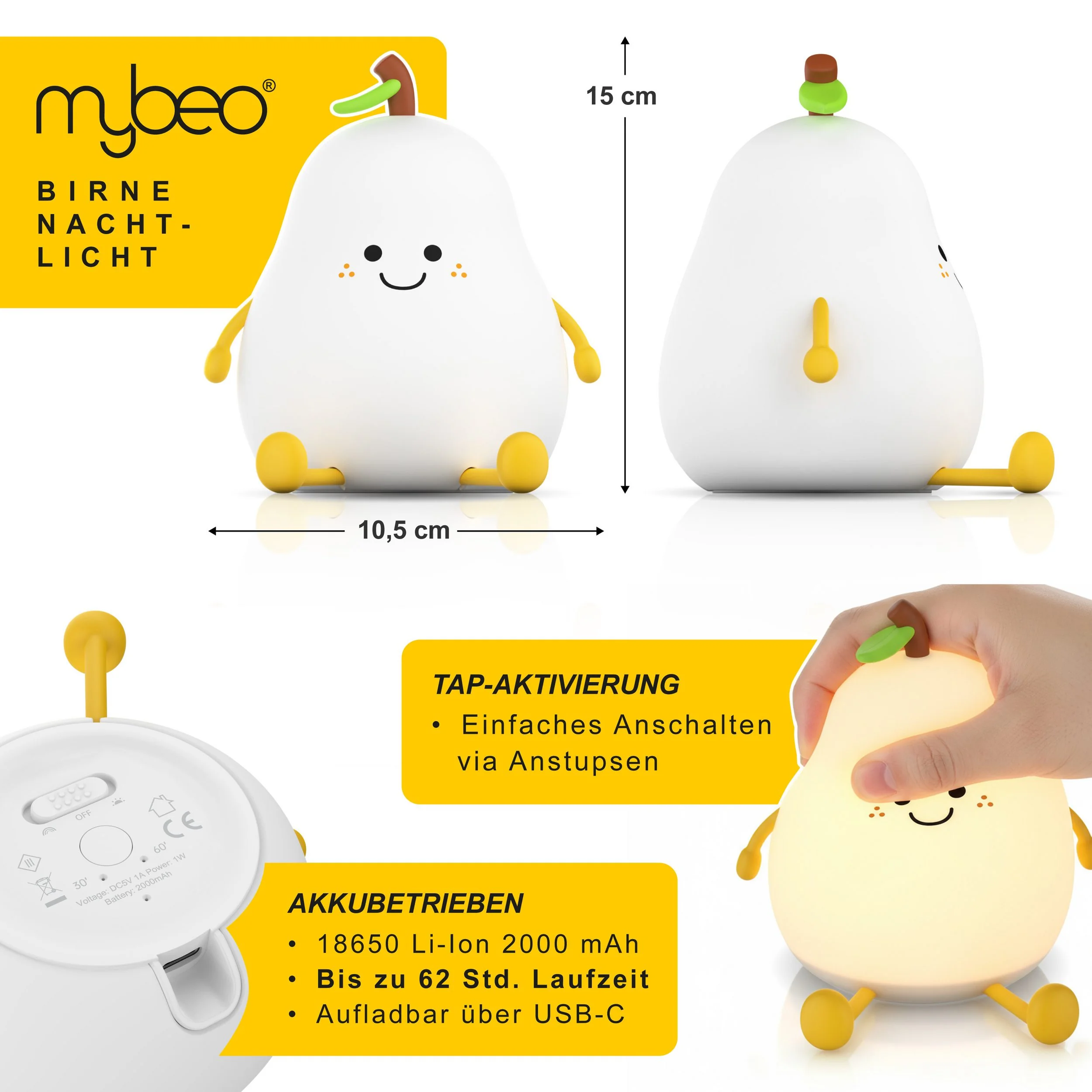 MYBEO LED Nachtlicht dimmbar Kinder und Babys mit RGB Farbwechsel Akku