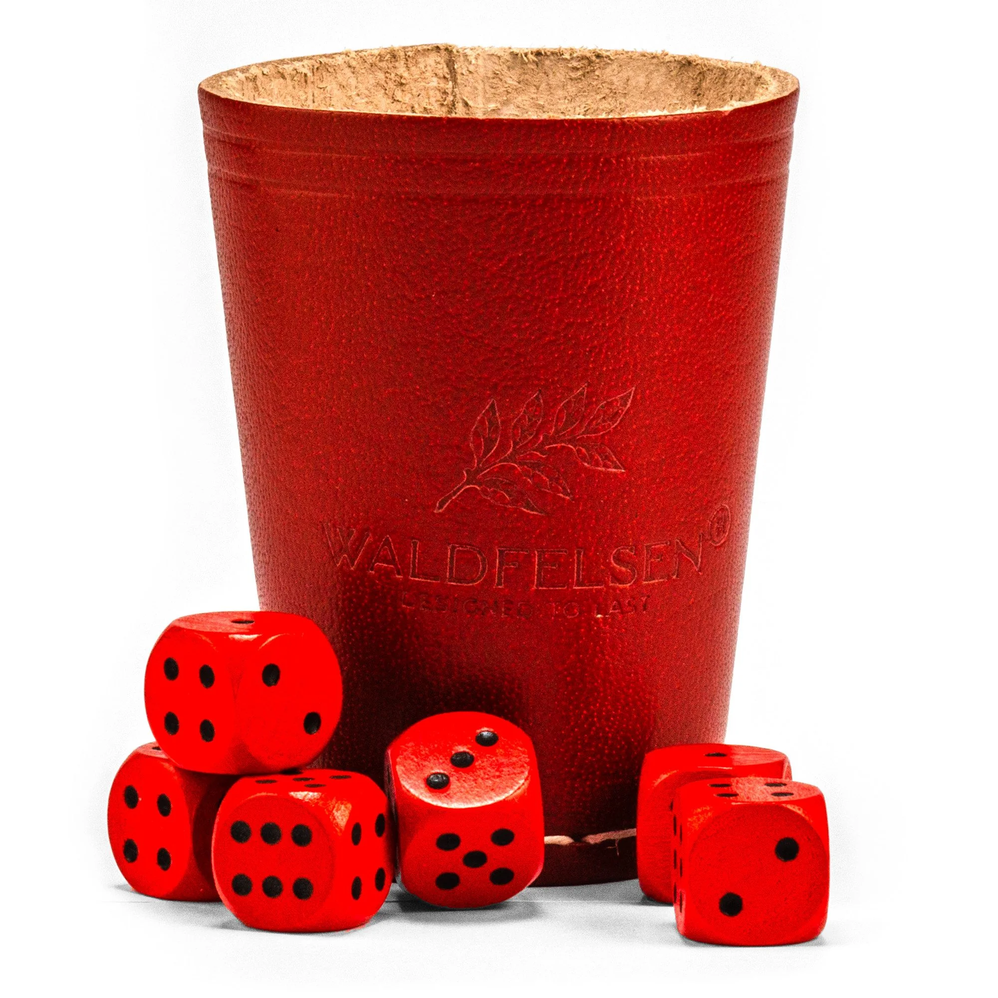 WALDFELSEN Echtleder Würfelbecher 9 cm mit 6 Buchenholz Würfeln 16 mm