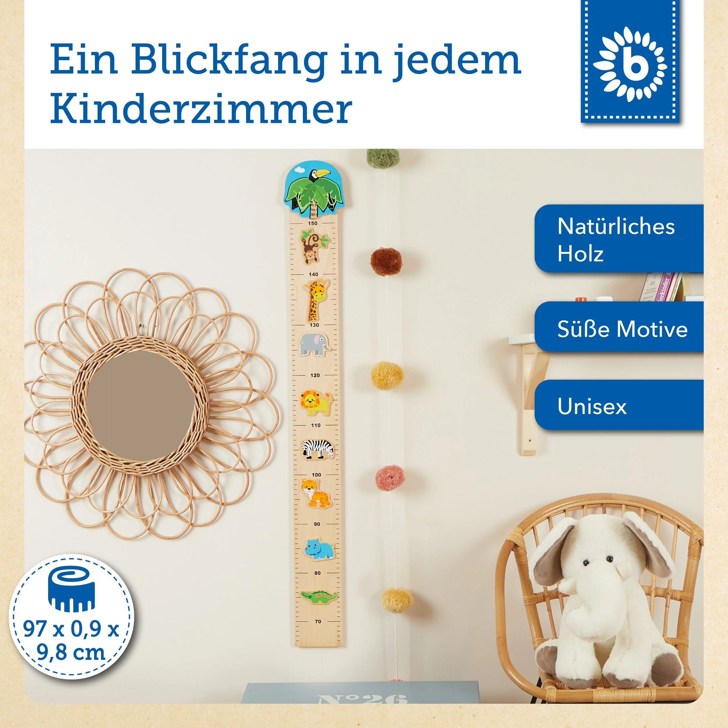 Bieco Kinder Messlatte aus Holz Zoo Wand Messleiste Größenmesser